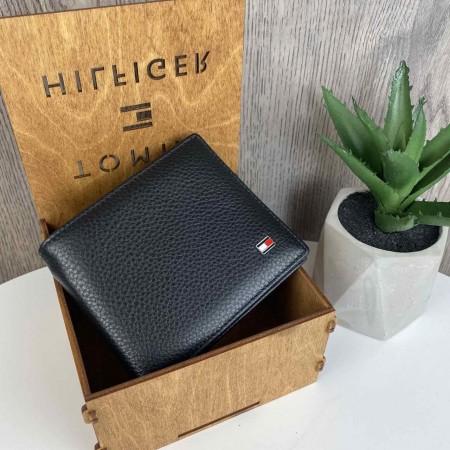 Мужской кожаный кошелек портмоне люкс в стиле Tommy Hilfiger, мужское портмоне на магните Томми черный