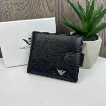 Мужской кожаный кошелек портмоне на кнопке стиль Армани черный в коробке Armani Мужской кожаный кошелек портмоне на кнопке стиль Армани черный в коробке Armani