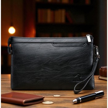 Большой мужской клатч барсетка Кенгуру, кошелек сумка на ремешке черный