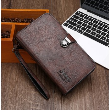 Мужской клатч барсетка Jeep, большой кошелек клатч Джип Темно-коричневый