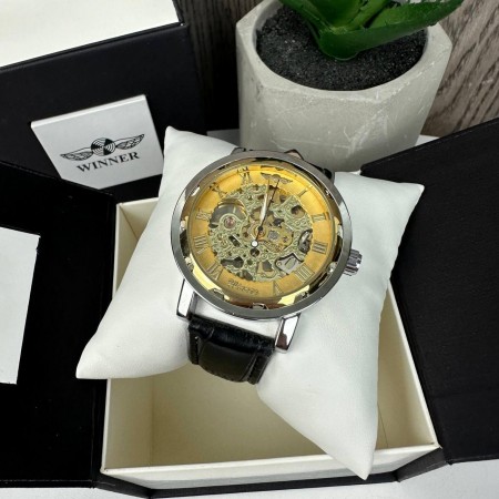 Мужские наручные механические часы Winner Original Skeleton механика в коробке Золотистые
