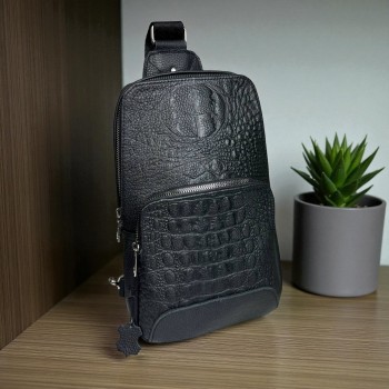 Мужская кожаная бананка на грудь, слинг сумка под рептилию из натуральной кожи