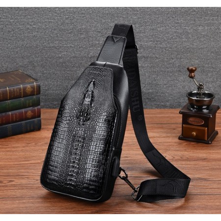 Стильна чоловіча сумка-бананка на груди з крокодилом, чоловіча сумка-слінг крос-боді на плече рептилія