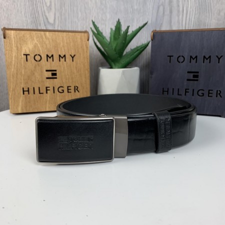 Мужской кожаный ремень автомат черный в стиле Tommy Hilfiger