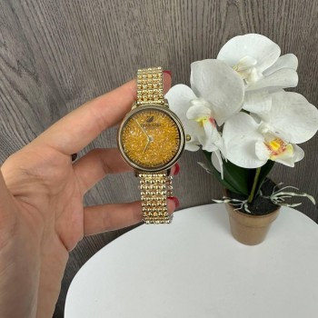 Модные женские наручные часы стиль Сваровски, часы на руку с камушками Swarovski Золото с желтым