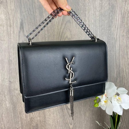 Стильная женская мини сумочка клатч YSL с цепочкой, маленькая сумка с венчиком брелком черная люкс качество