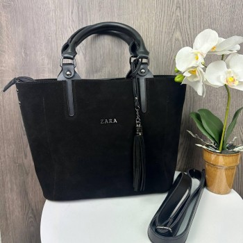 Женская замшевая сумка стиль Zara, большая черная сумочка Зара натуральная замша с венчиком Женская замшевая сумка стиль Zara, большая черная сумочка Зара натуральная замша с венчиком