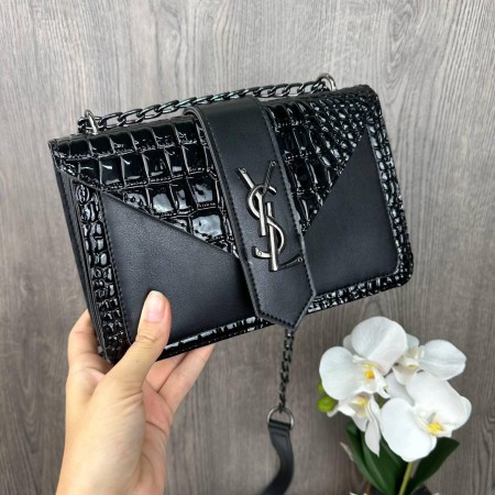 Женская мини сумочка клатч лаковая рептилия YSL черная, маленькая сумка змеиная лакированная